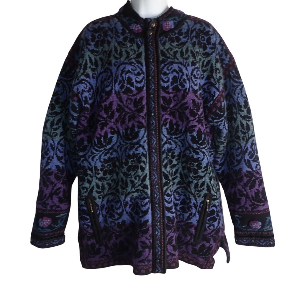 Icelandic Design Women's Full Zip Wool Cardigan Sweater XL Boho Artsy